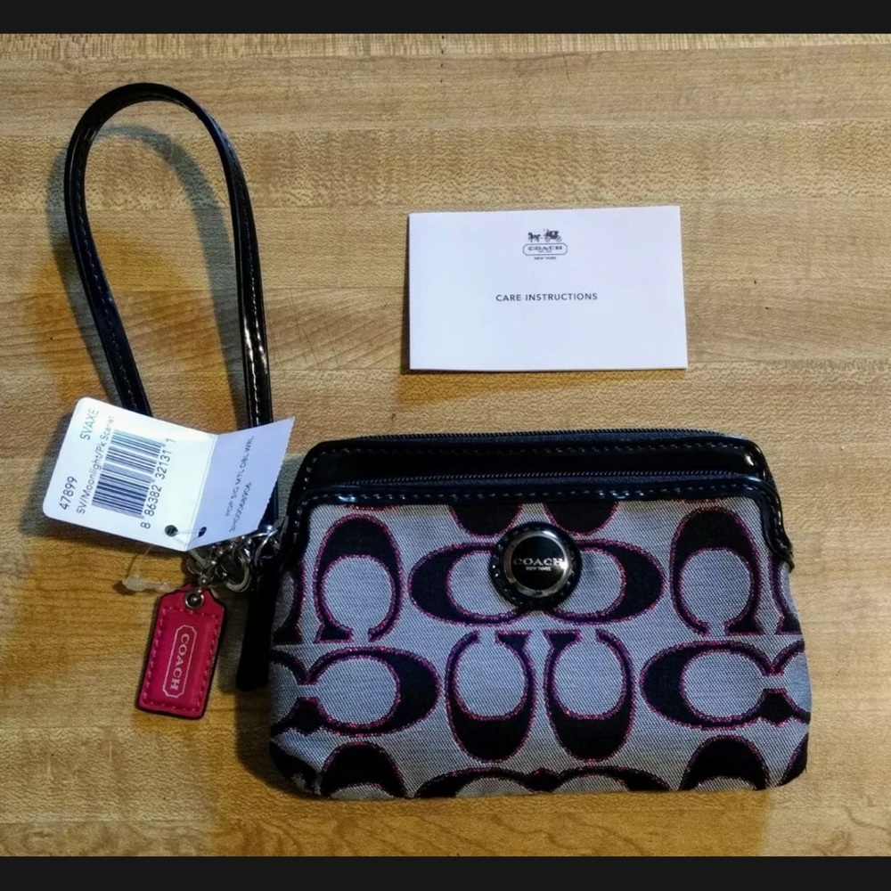 Coach Signature Sateen Metallic Pink & Black Double Zip Wristlet 47899 NWT